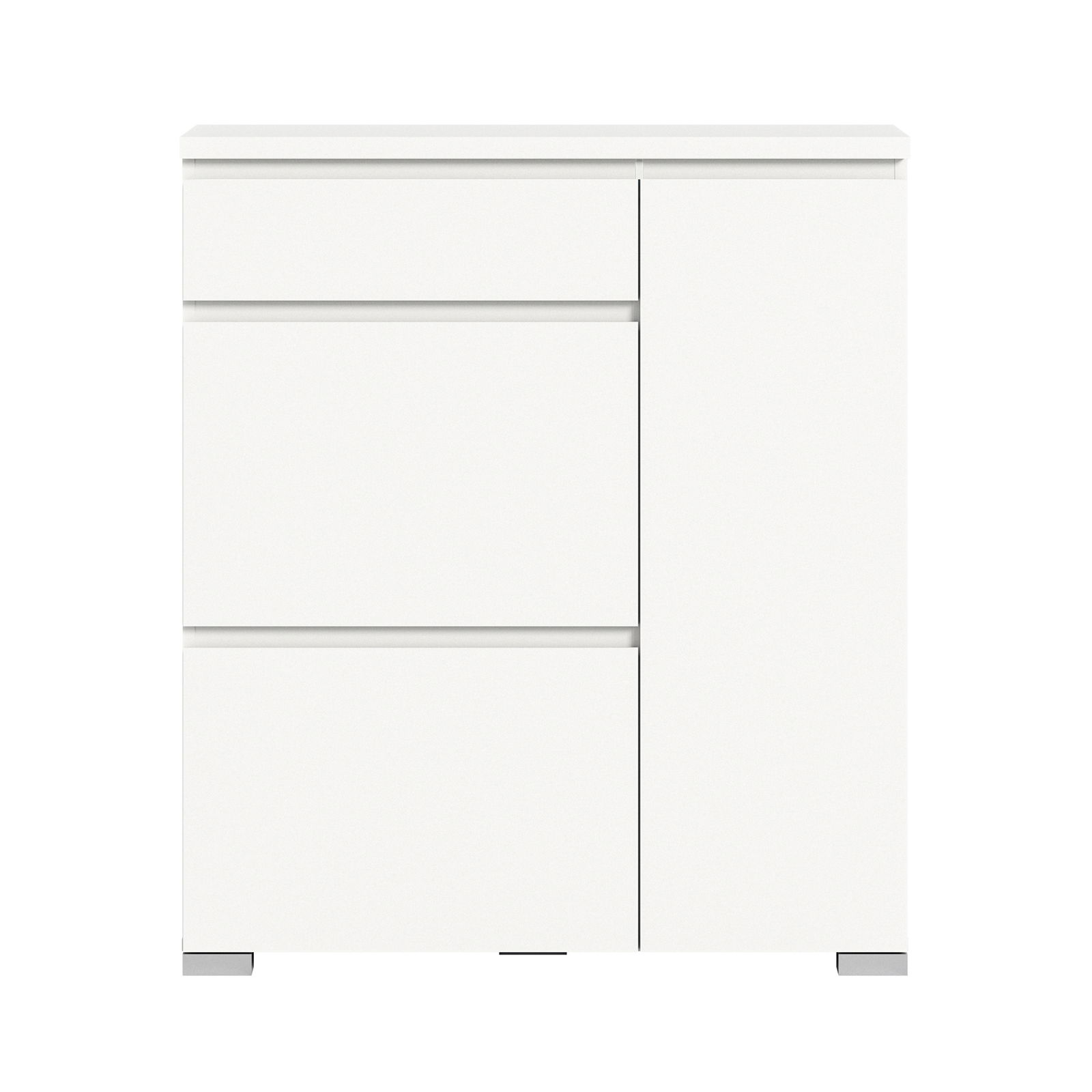 Weißer Schuhschrank mit zwei Schubladen und einer Tür, frontale Ansicht