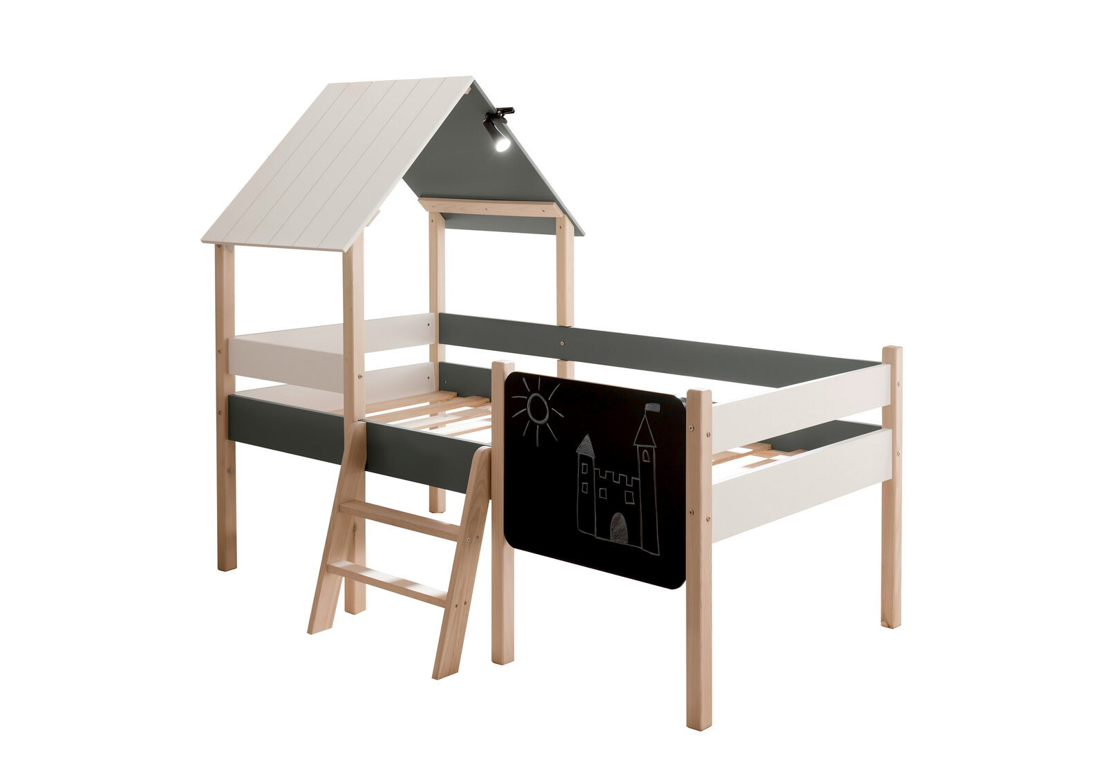 Hausbett mit Leiter und Tafel, seitliche Perspektive