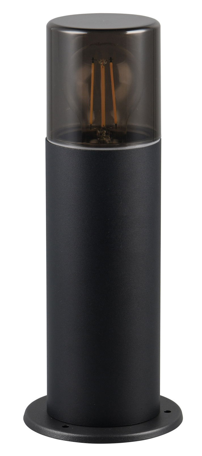 Schwarzer zylindrischer Pfosten mit transparentem oberen Teil, der eine Glühbirne zeigt, aus frontaler Perspektive.