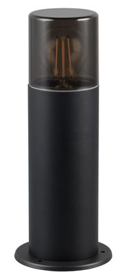 Schwarzer zylindrischer Pfosten mit transparentem oberen Teil, der eine Glühbirne zeigt, aus frontaler Perspektive.