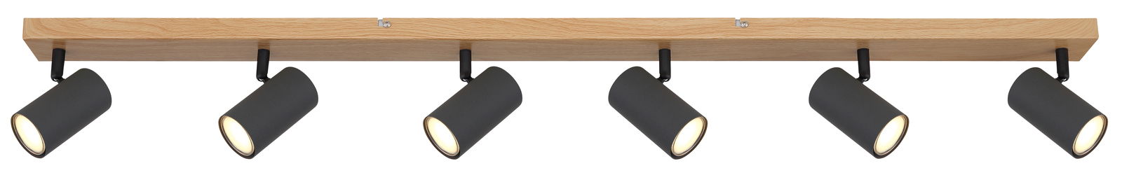 Deckenstrahler mit sechs schwarzen Leuchten an einer Holzleiste, seitliche Perspektive