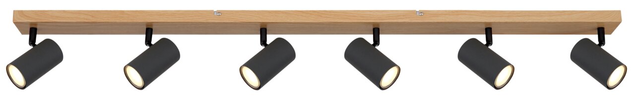 Deckenstrahler mit sechs schwarzen Leuchten an einer Holzleiste, seitliche Perspektive
