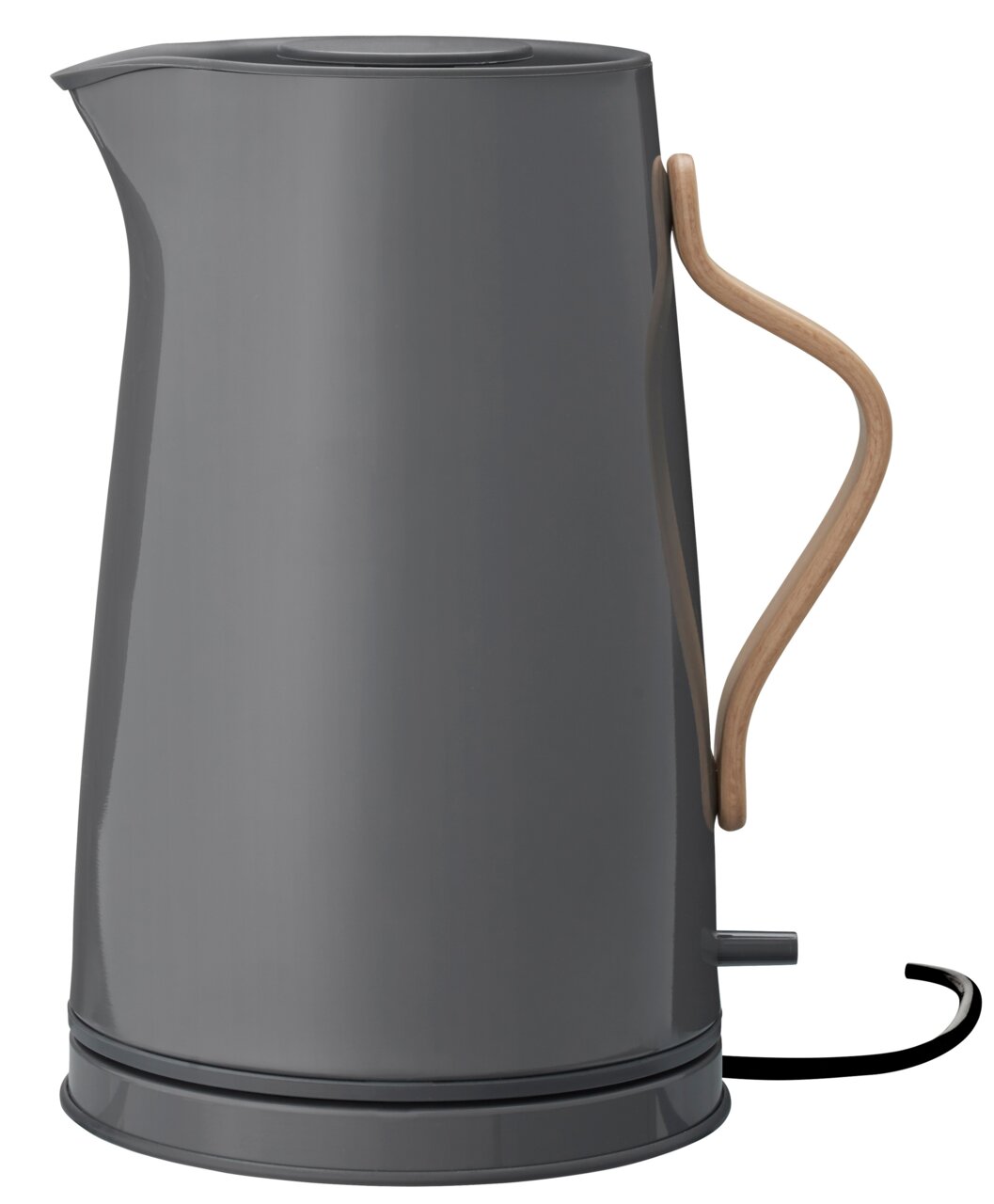 Grijze Stelton Emma-waterkoker met houten handvat, zijaanzicht