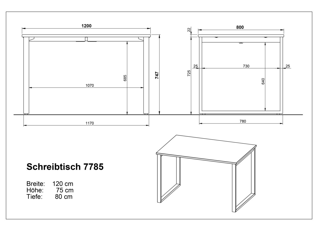 Technische Zeichnung des Schreibtischs 7785 mit Maßen 120 x 75 x 80 cm, dargestellt in Vorder- und Seitenansicht sowie in schräger Perspektive von vorne rechts.
