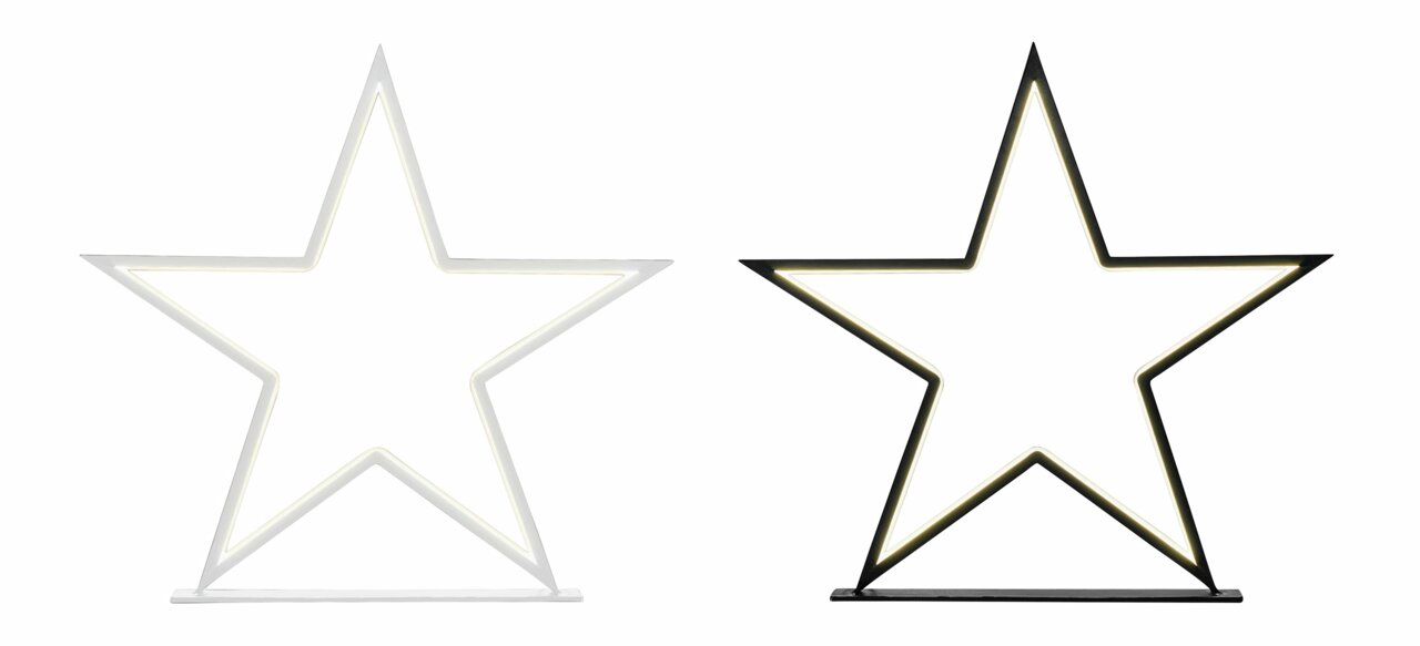 Twee stervormige LED-sierlampen op voet, in wit en zwart, afgebeeld van voren tegen een witte achtergrond