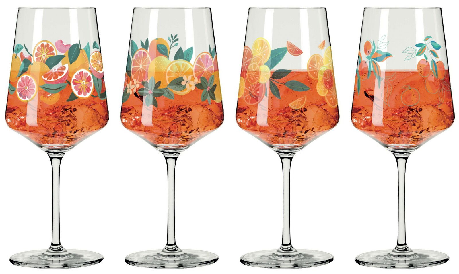 Ritzenhoff Aperizzo 4er-Set SOMMERRAUSCH Vier Weingläser mit buntem Zitrusfrucht-Design, gefüllt mit einem orangen Getränk, frontal betrachtet.