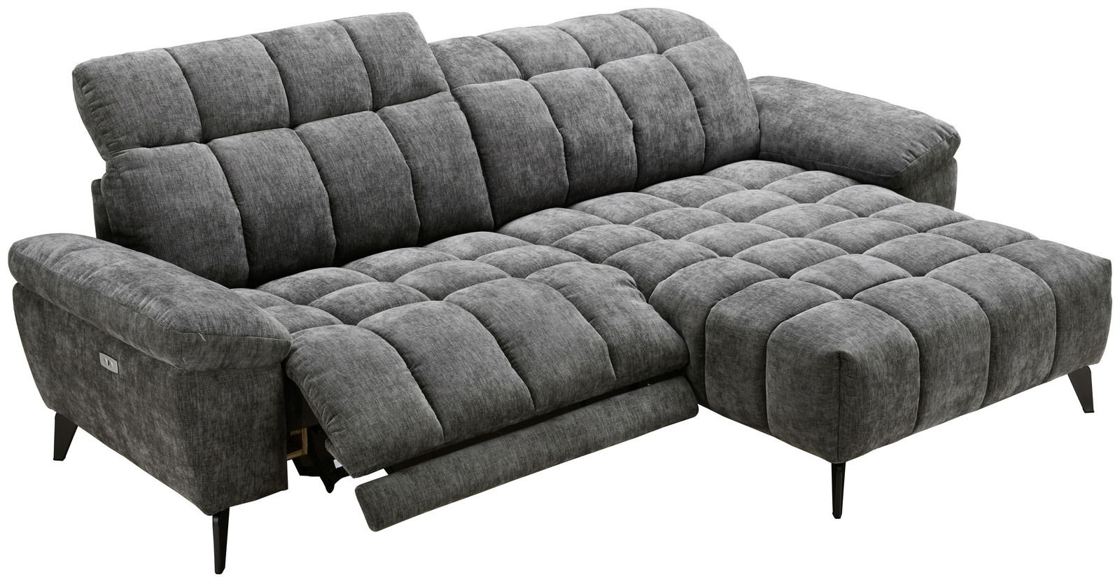 Graue Longchairkombination TOMMY von XORA mit verstellbarem Fußteil, aus seitlicher Perspektive fotografiert.