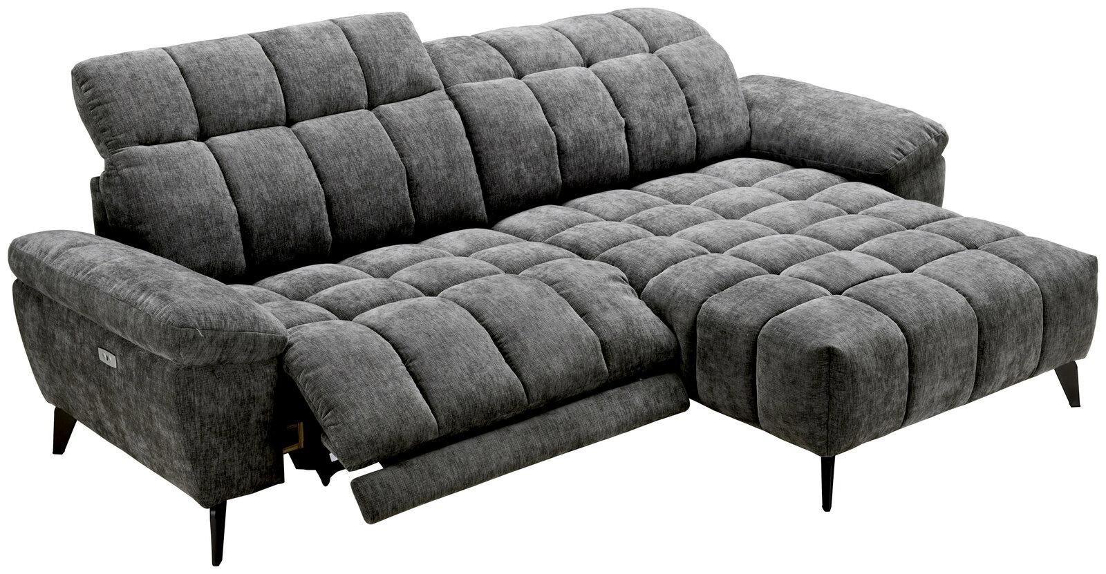 Graue Longchairkombination TOMMY von XORA mit verstellbarem Fußteil, aus seitlicher Perspektive fotografiert.