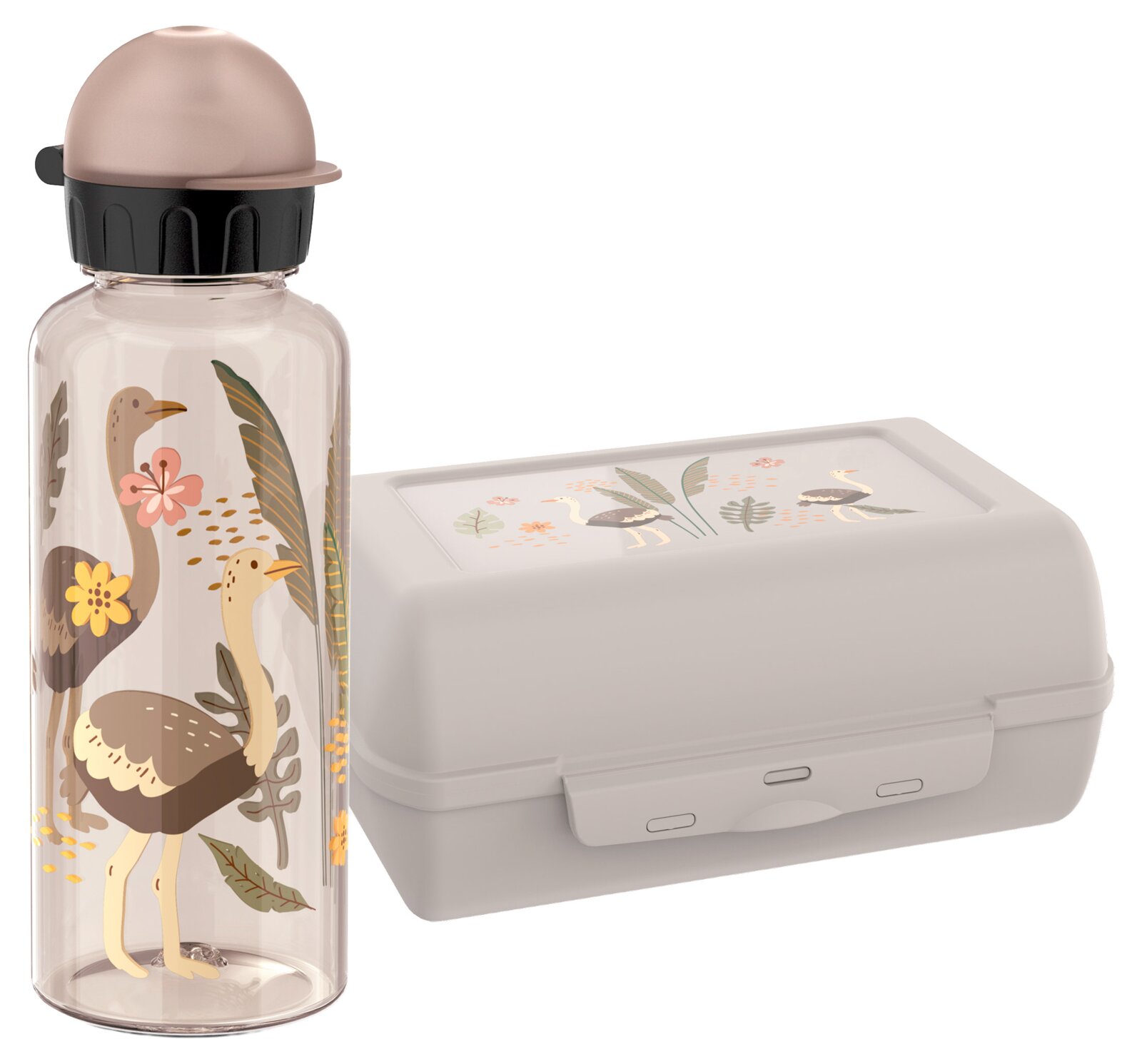 Emsa Kids-Set Strauss 2-tlg. TRITAN Kinder-Set bestehend aus einer Trinkflasche und einer Brotdose mit Straußenmotiv, seitliche Perspektive