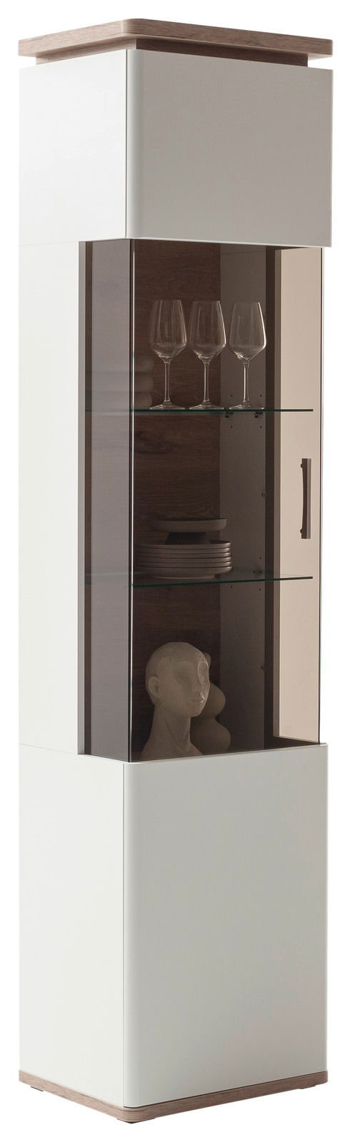 Moderne Vitrine mit Glasfront, Holzdetails und mehreren Regalböden, seitliche Perspektive.