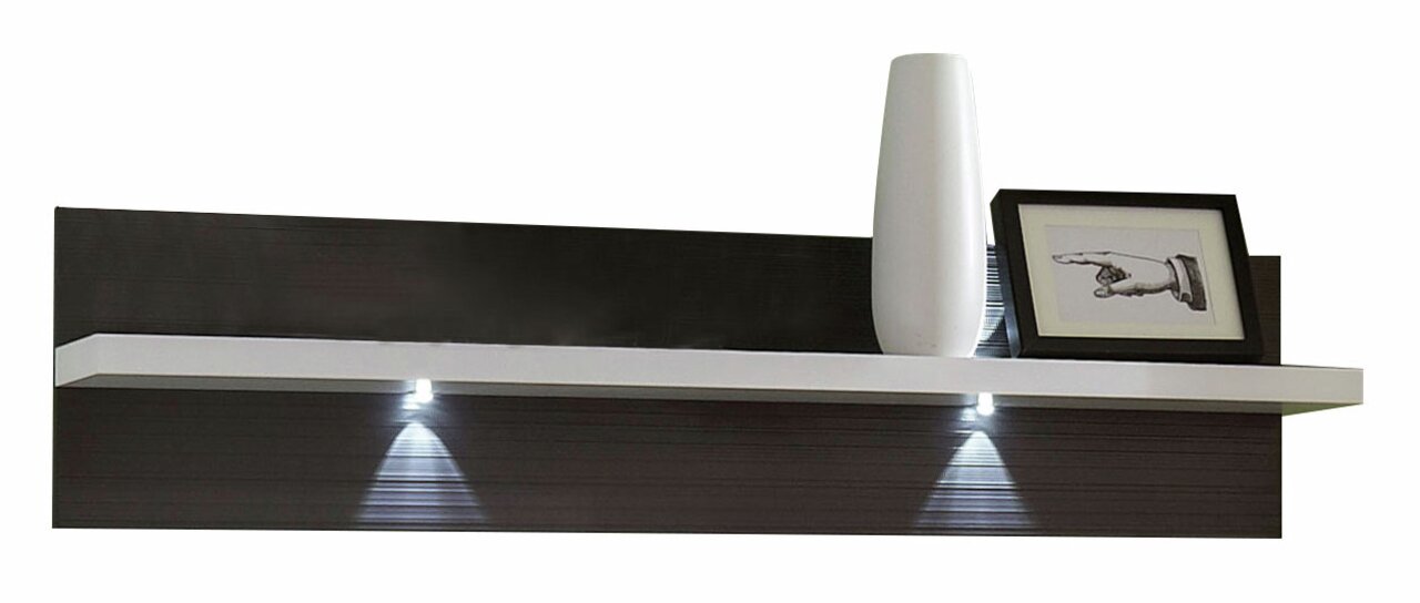 Zurbrüggen Wandpaneel CABANA Modernes Wandpaneel mit integrierter Beleuchtung, weißem Regalbrett, dekorativer Vase und gerahmtem Bild, seitliche Perspektive.