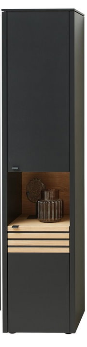 Moderne schwarze Vitrine mit Holzelementen, frontal abgebildet, mit dekorativen Gläsern im offenen Fach.