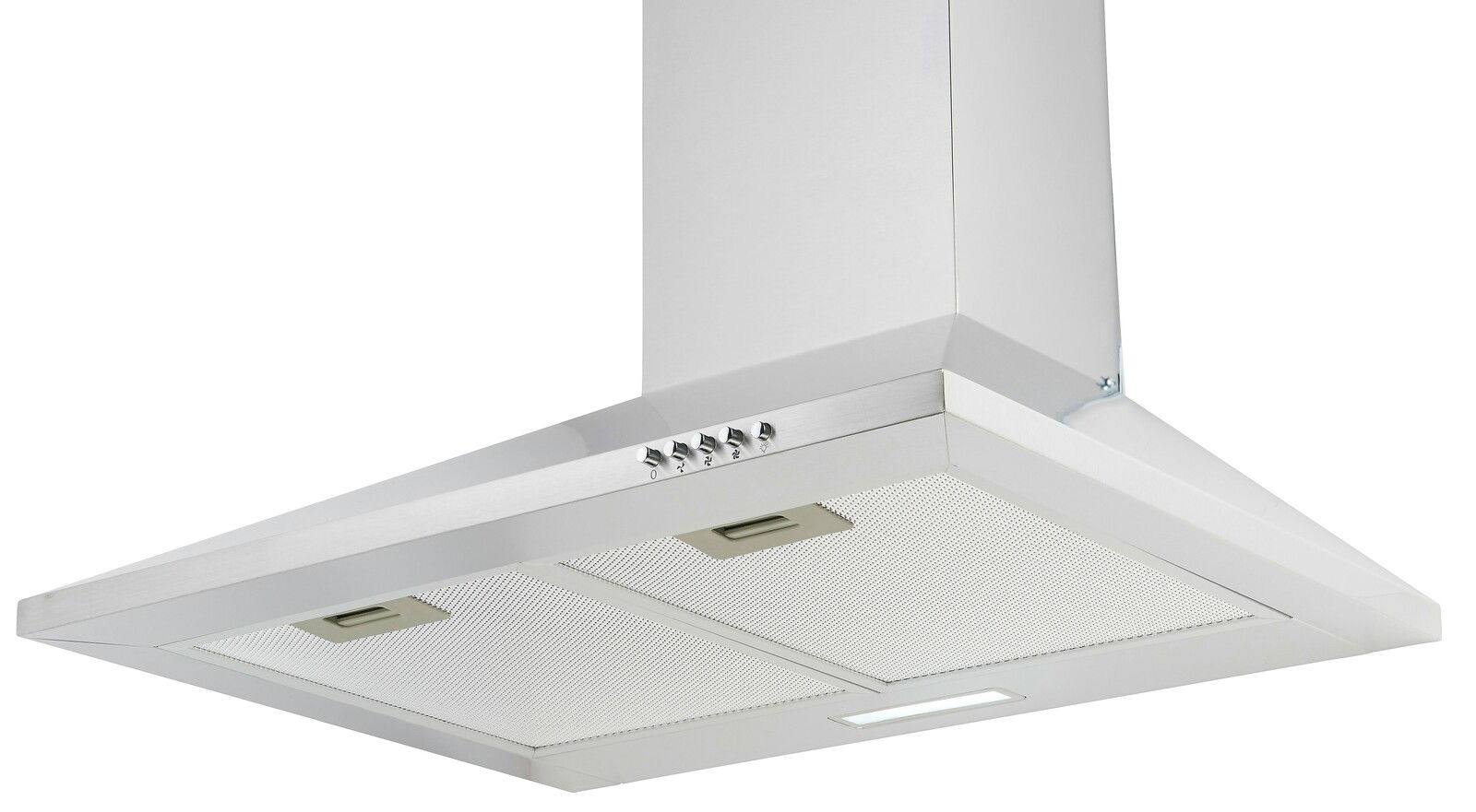 Silberne Dunstabzugshaube aus Edelstahl, von unten betrachtet, mit Bedienelementen und zwei Filtern.