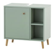 Waschbeckenunterschrank in hellem Grün mit Holzbeinen, einer Tür und zwei offenen Fächern, perspektivisch von vorne rechts fotografiert.