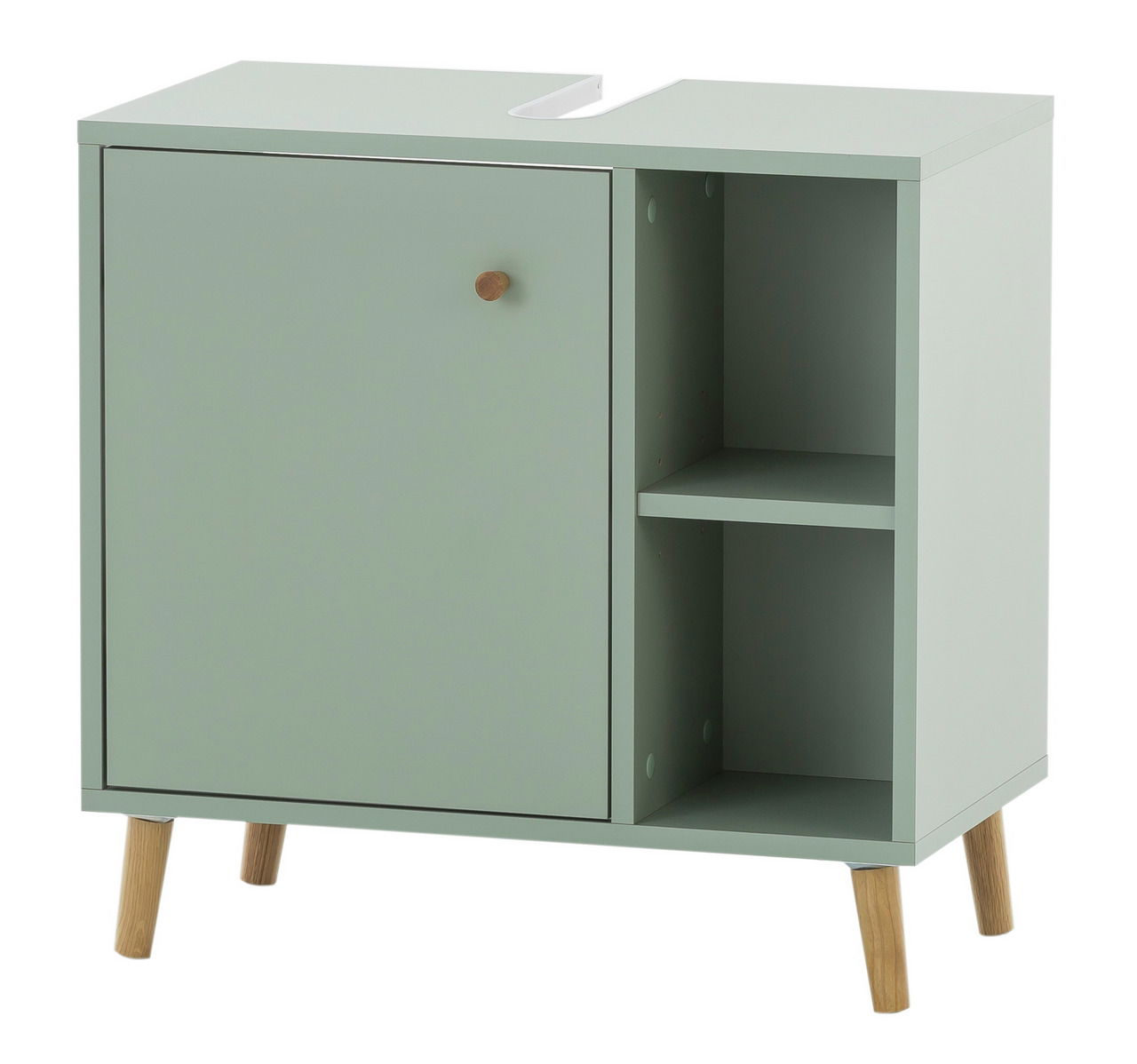 Waschbeckenunterschrank in hellem Grün mit Holzbeinen, einer Tür und zwei offenen Fächern, perspektivisch von vorne rechts fotografiert.