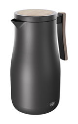 Schwarze Isolierkanne Studio Allure mit Holzdeckel und ergonomischem Griff, seitliche Perspektive