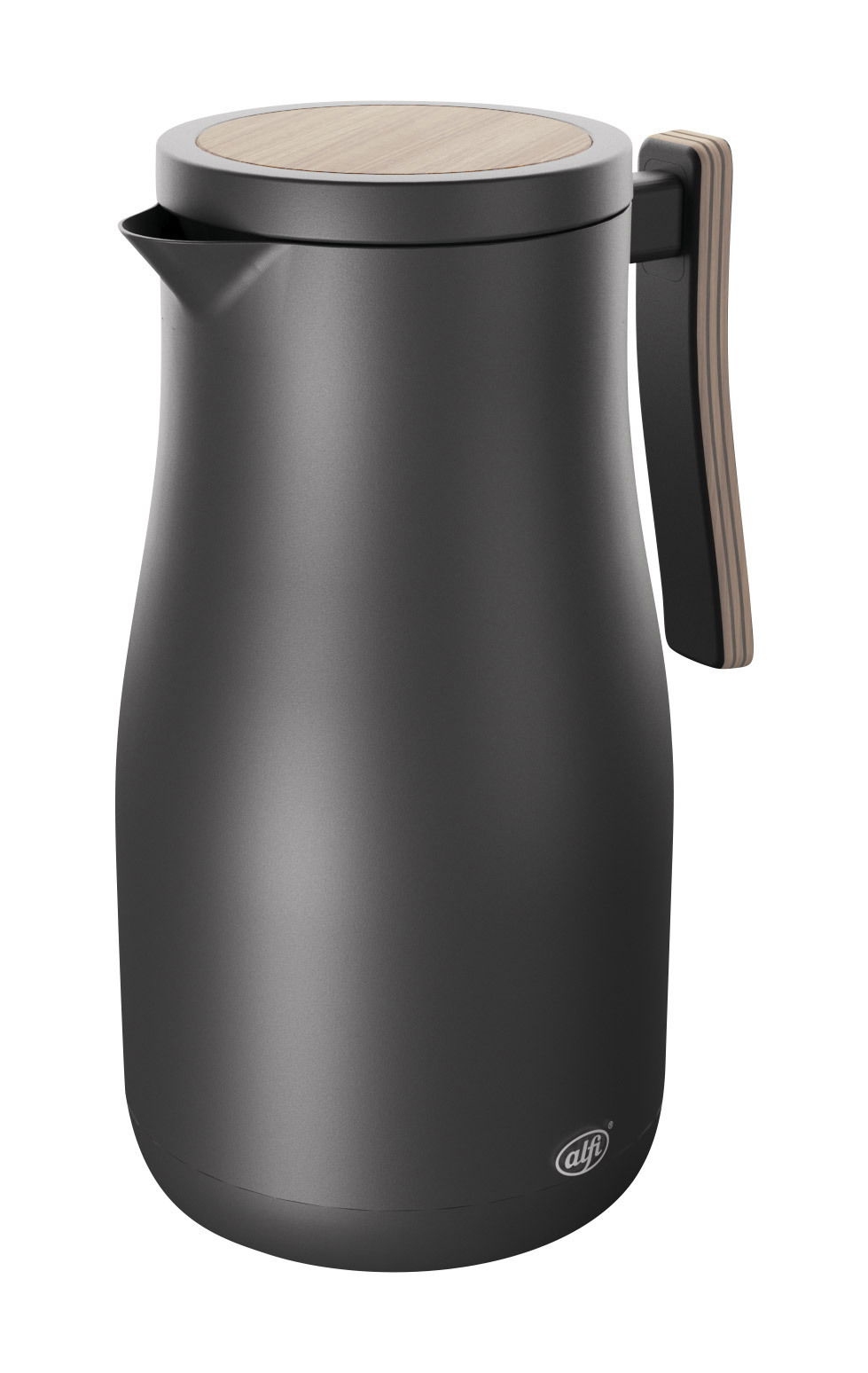Schwarze Isolierkanne Studio Allure mit Holzdeckel und ergonomischem Griff, seitliche Perspektive