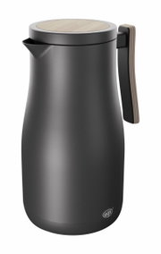 Schwarze Isolierkanne Studio Allure mit Holzdeckel und ergonomischem Griff, seitliche Perspektive