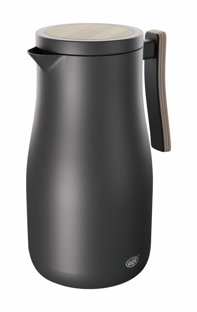 Zwarte thermoskan Studio Allure met houten deksel en ergonomische handgreep, zijaanzicht