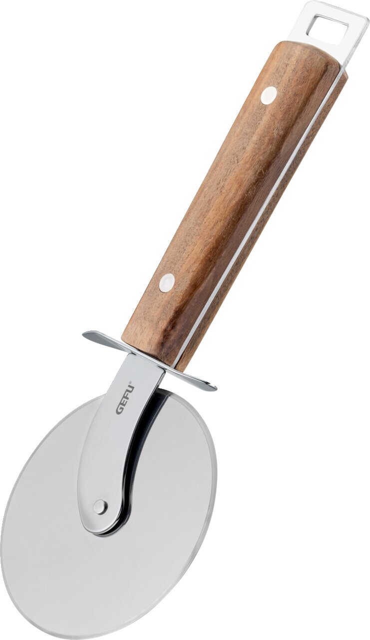 Pizzarad mit Holzgriff und Edelstahlklinge, seitliche Perspektive