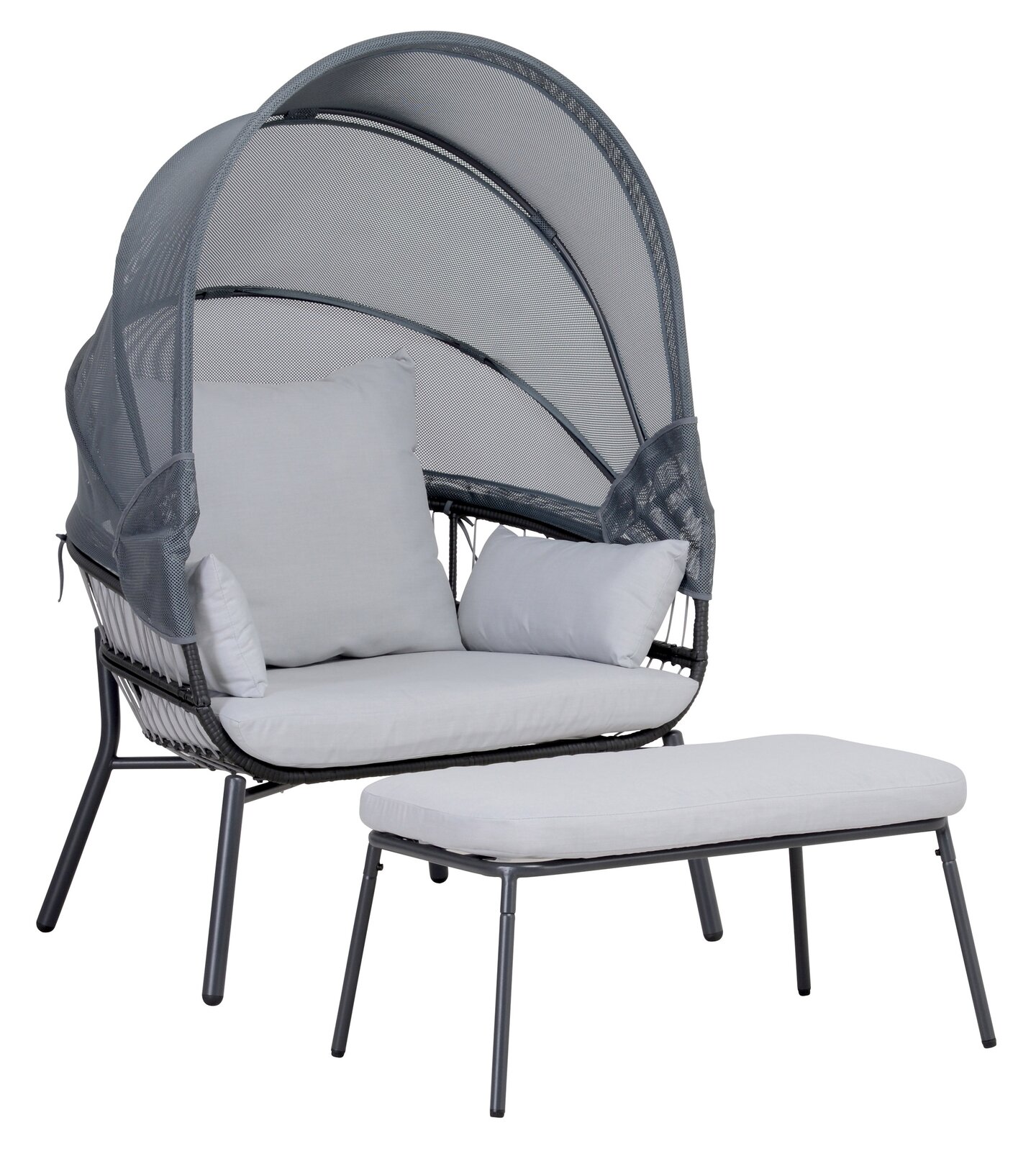 Loungesesselkombination mit grauem Gestell und hellgrauen Kissen, inklusive Fußhocker, seitliche Perspektive