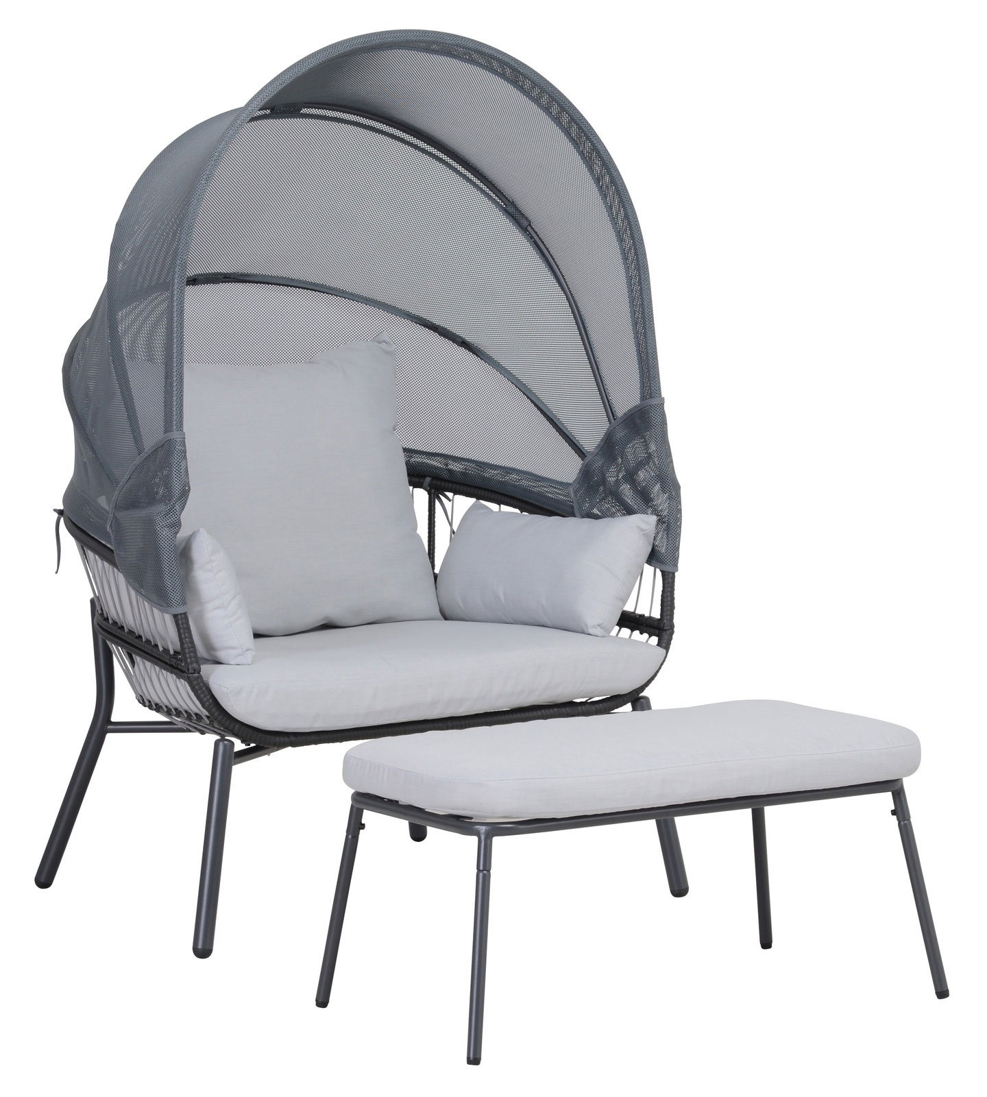 Loungesesselkombination mit grauem Gestell und hellgrauen Kissen, inklusive Fußhocker, seitliche Perspektive