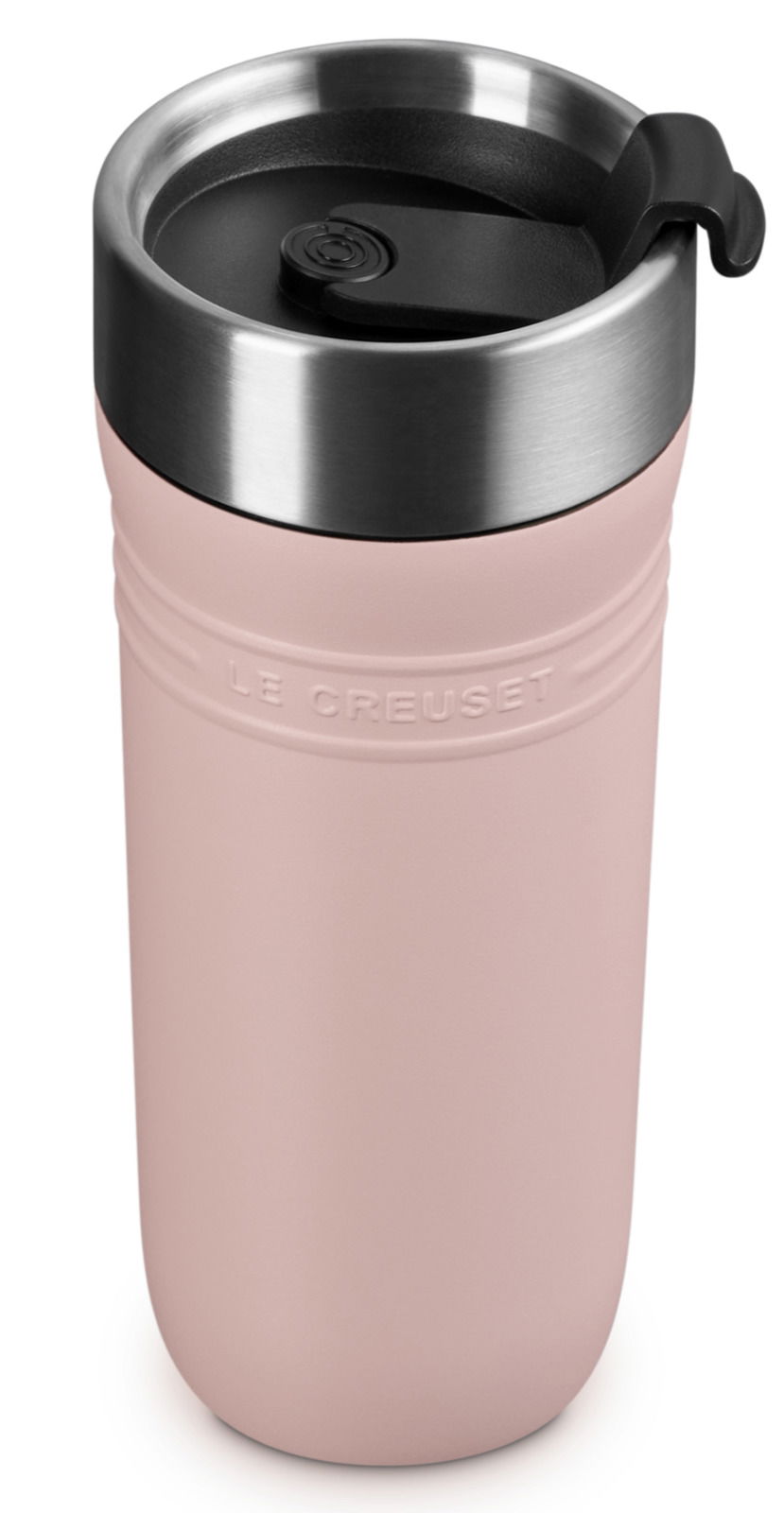Thermobecher 350ml in Shell Pink, Vorderansicht mit Edelstahlrand und schwarzem Deckel.