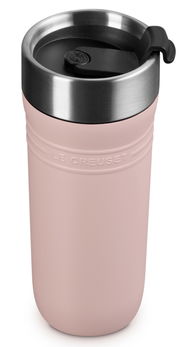 Thermobecher 350ml in Shell Pink, Vorderansicht mit Edelstahlrand und schwarzem Deckel.