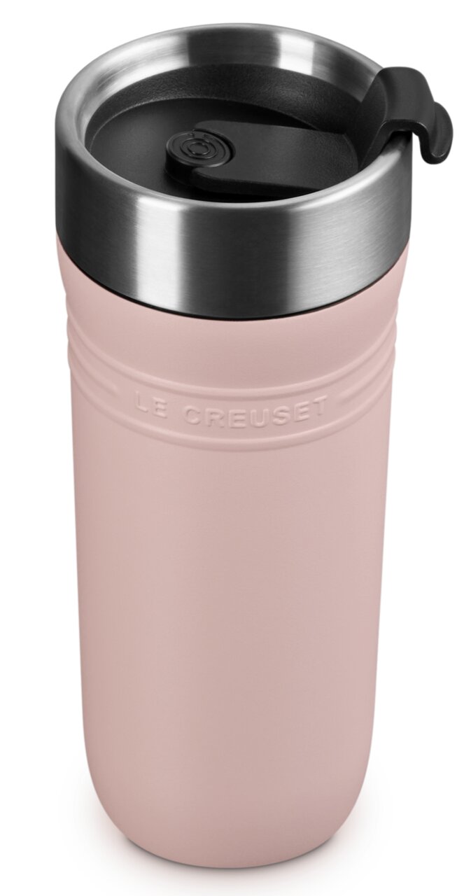 Thermobecher 350ml in Shell Pink, Vorderansicht mit Edelstahlrand und schwarzem Deckel.