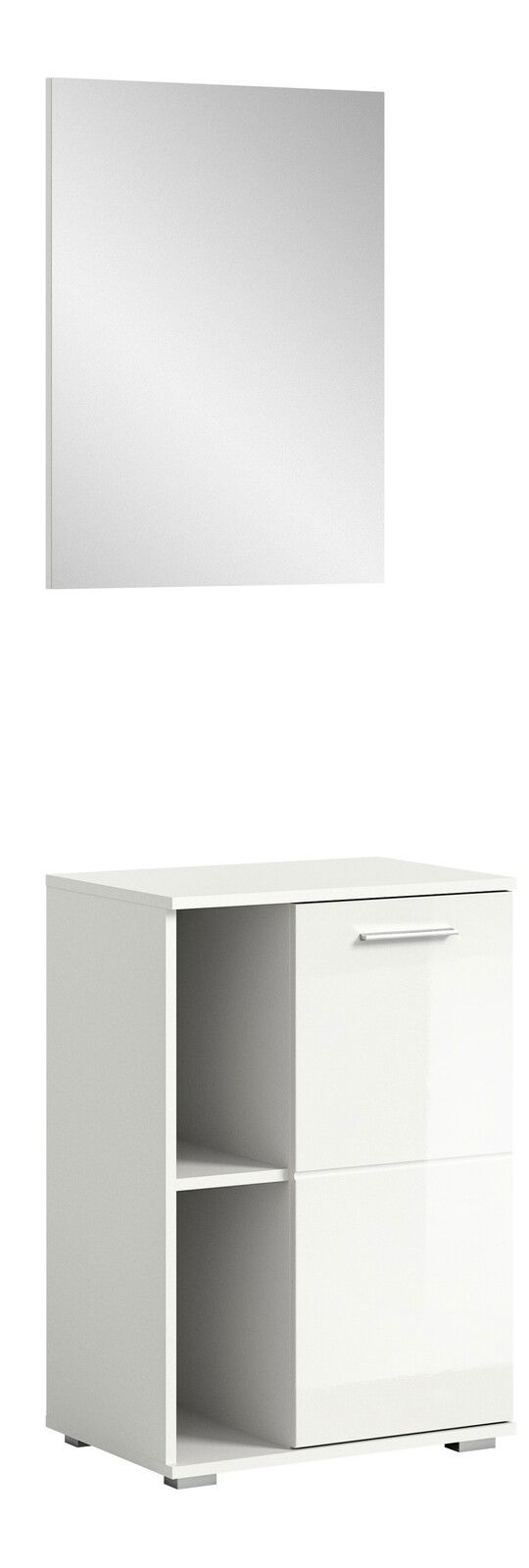 Weiße Garderobenkombination mit Spiegel und Kommode, seitliche Perspektive