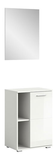 Weiße Garderobenkombination mit Spiegel und Kommode, seitliche Perspektive