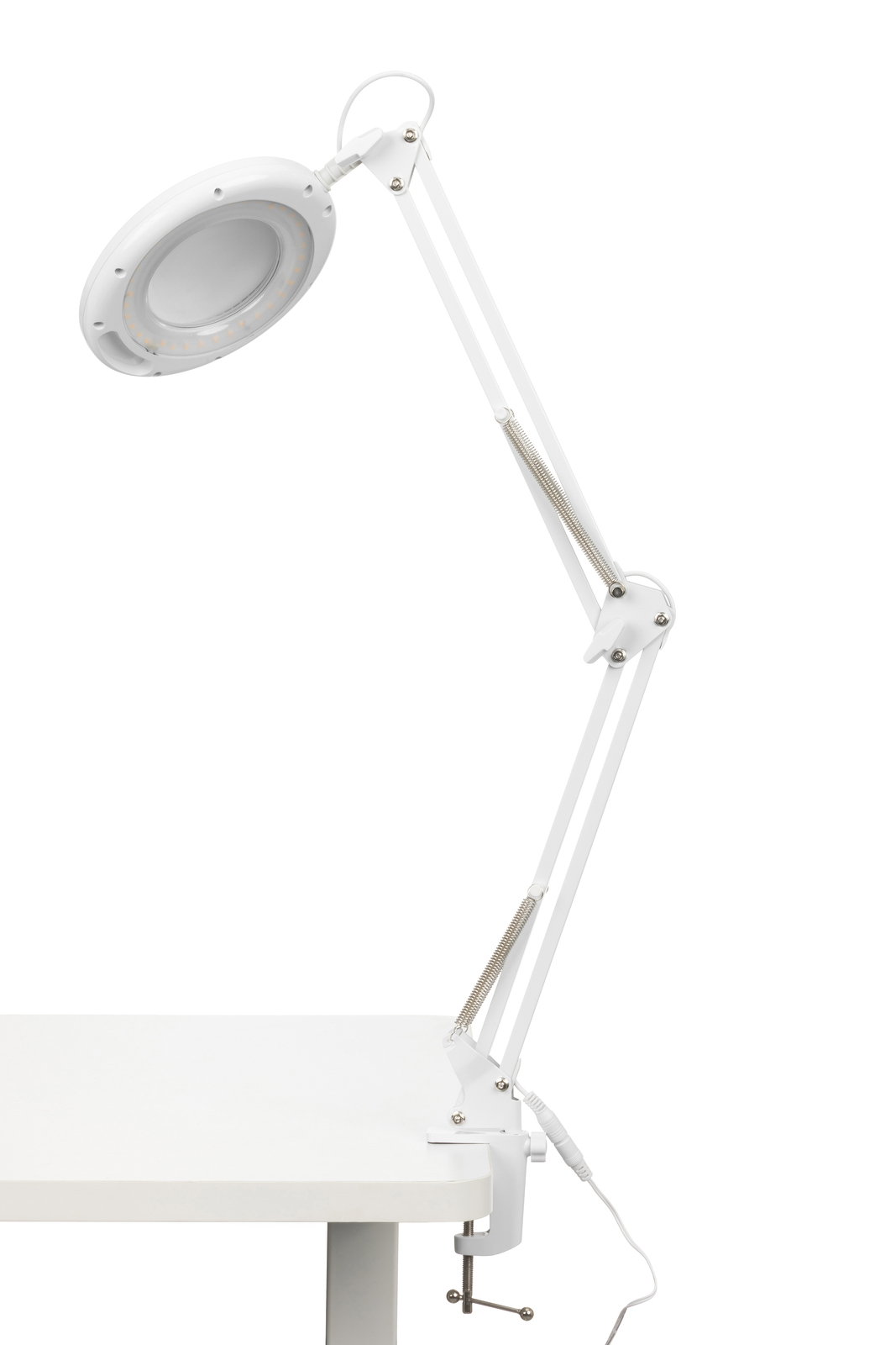Weiße Schreibtischleuchte mit verstellbarem Arm, seitliche Perspektive