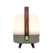 Frontansicht einer tragbaren Lampe mit Holzgriff, weißem Leuchtkörper und grünem Sockel.