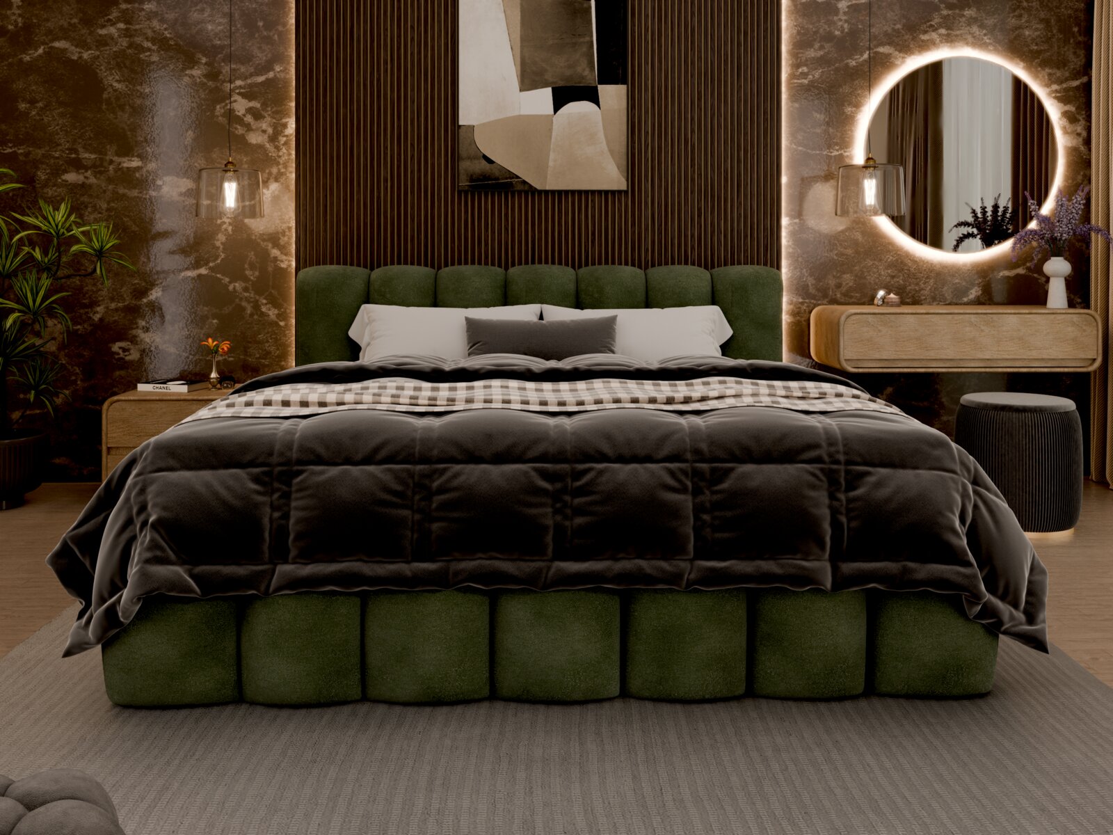 Vooraanzicht van een elegant gestoffeerd bed met een groen hoofdeinde en luxe beddengoed in een stijlvol ingerichte slaapkamer.