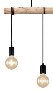 Hängeleuchte mit zwei Glühbirnen, die an einem rustikalen Holzstab hängen, seitliche Perspektive