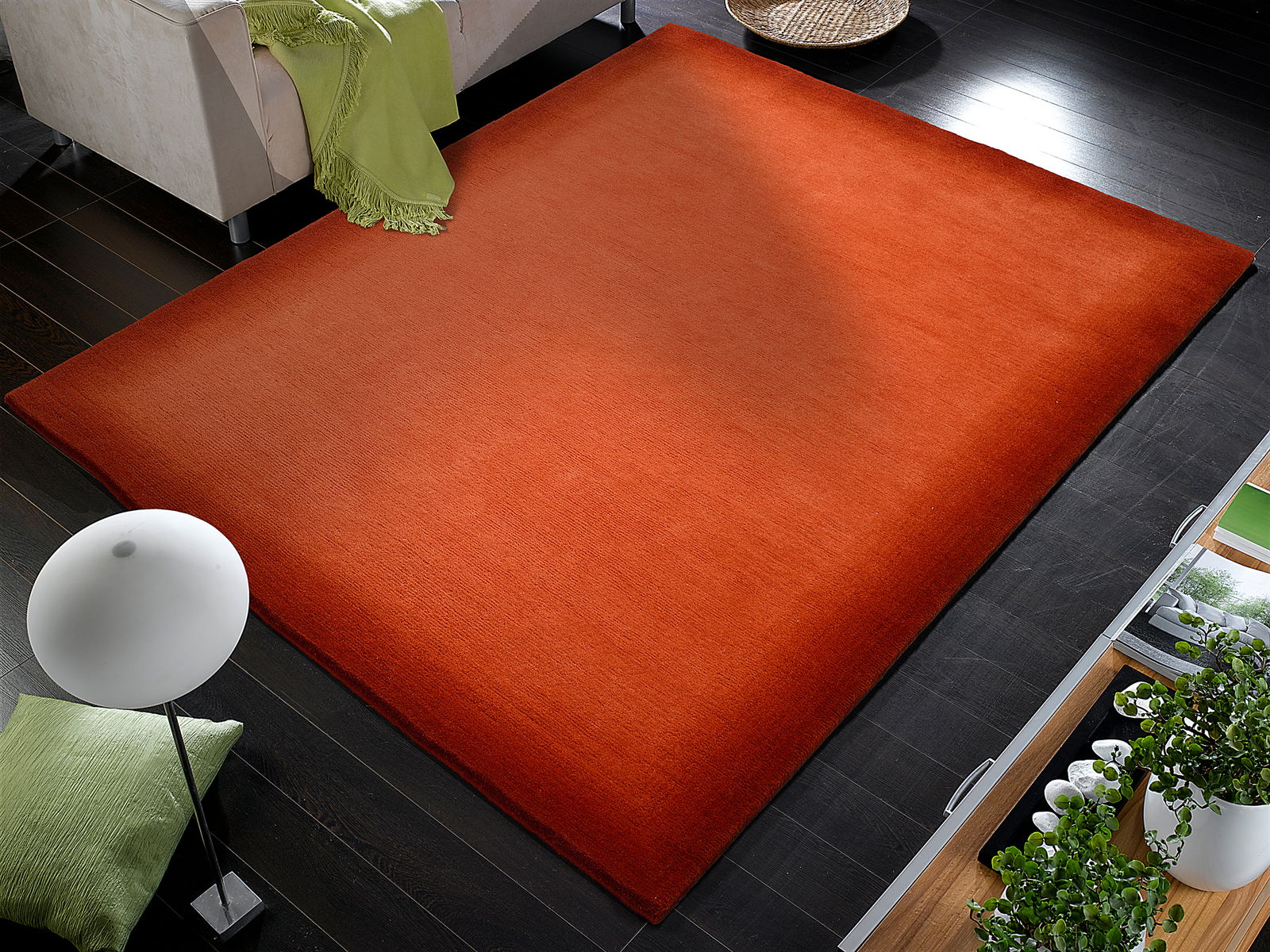 Roter Wollteppich in einem modernen Wohnzimmer, von oben betrachtet, mit dunklem Holzboden und grünen Akzenten.