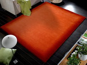 Roter Wollteppich in einem modernen Wohnzimmer, von oben betrachtet, mit dunklem Holzboden und grünen Akzenten.