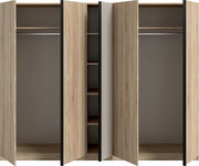 Offener Kleiderschrank in heller Eichenoptik mit zwei großen Fächern und Kleiderstangen sowie mittigem Regalbereich, Frontansicht