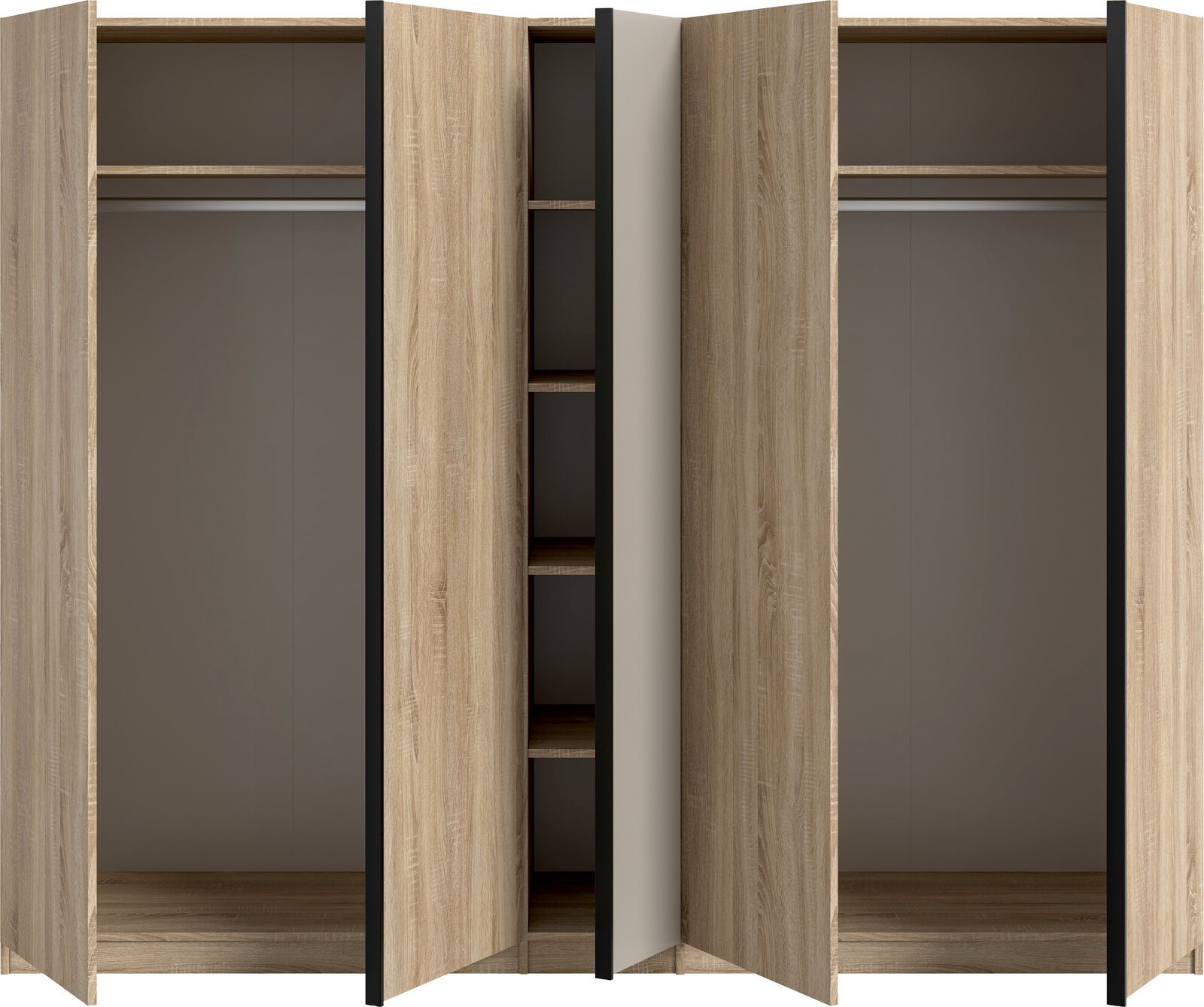 Offener Kleiderschrank in heller Eichenoptik mit zwei großen Fächern und Kleiderstangen sowie mittigem Regalbereich, Frontansicht