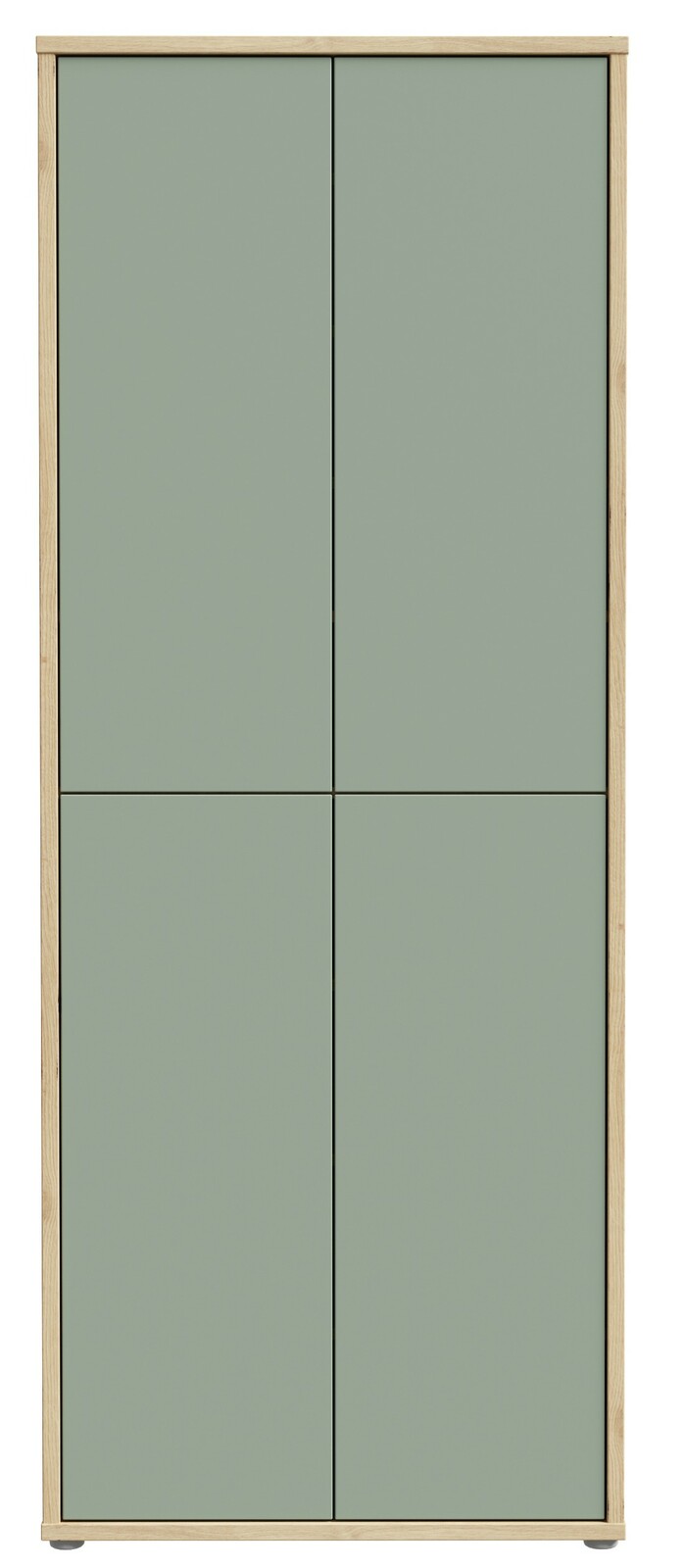 Frontansicht eines hohen XL-Schuhschranks mit vier Türen in einem modernen, minimalistischen Design mit grünen Fronten und Holzrahmen.
