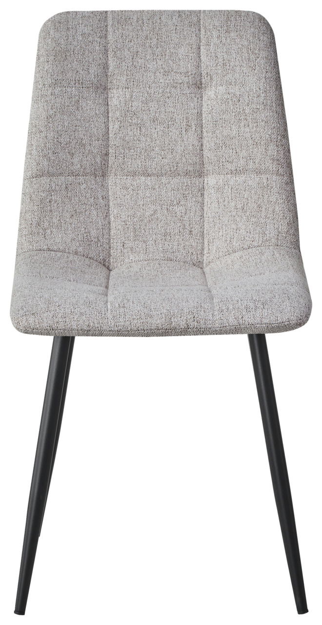 Moderner grauer Stuhl mit gepolsterter Sitzfläche und schwarzen Beinen, Frontalansicht