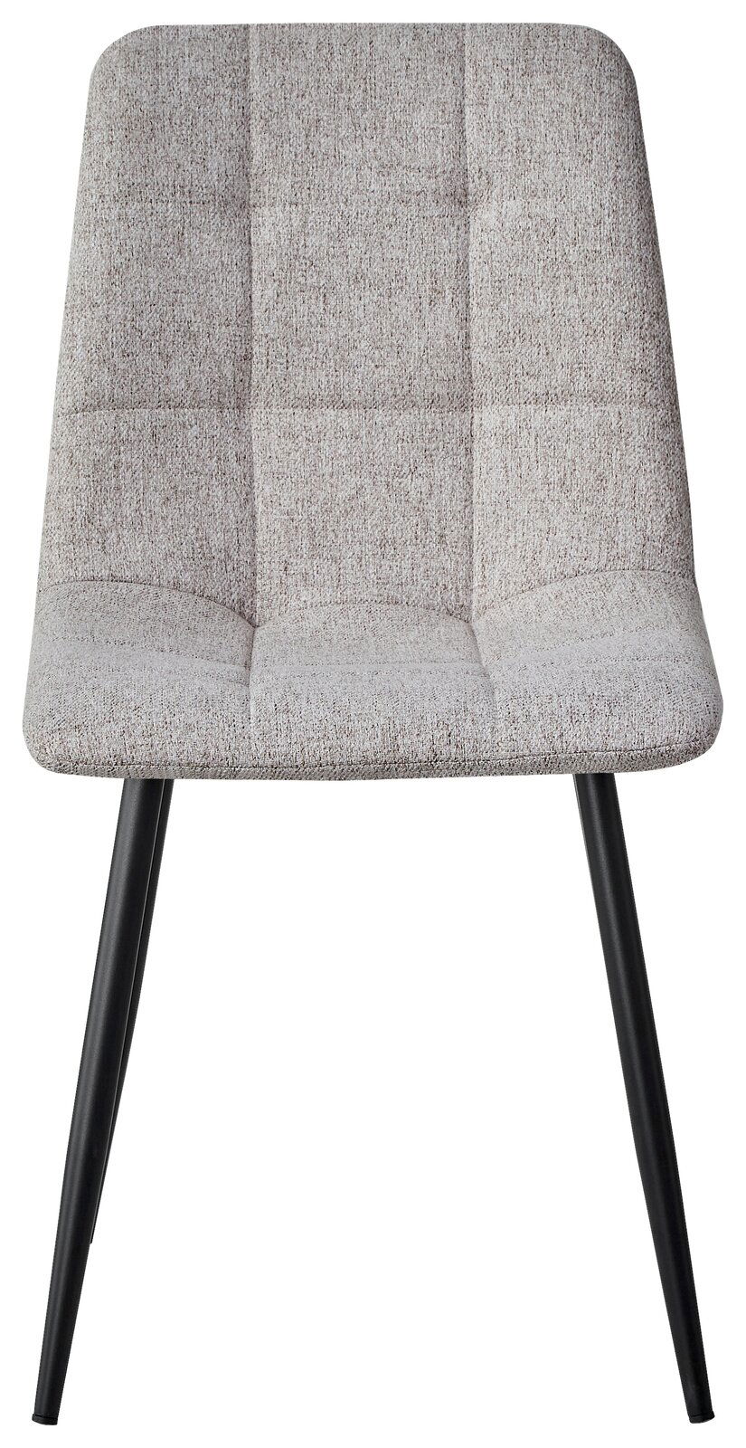 Moderner grauer Stuhl mit gepolsterter Sitzfläche und schwarzen Beinen, Frontalansicht