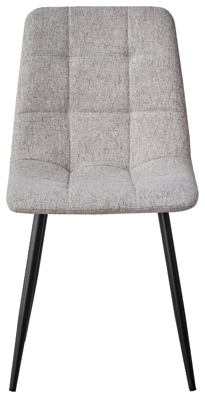 Moderner grauer Stuhl mit gepolsterter Sitzfläche und schwarzen Beinen, Frontalansicht