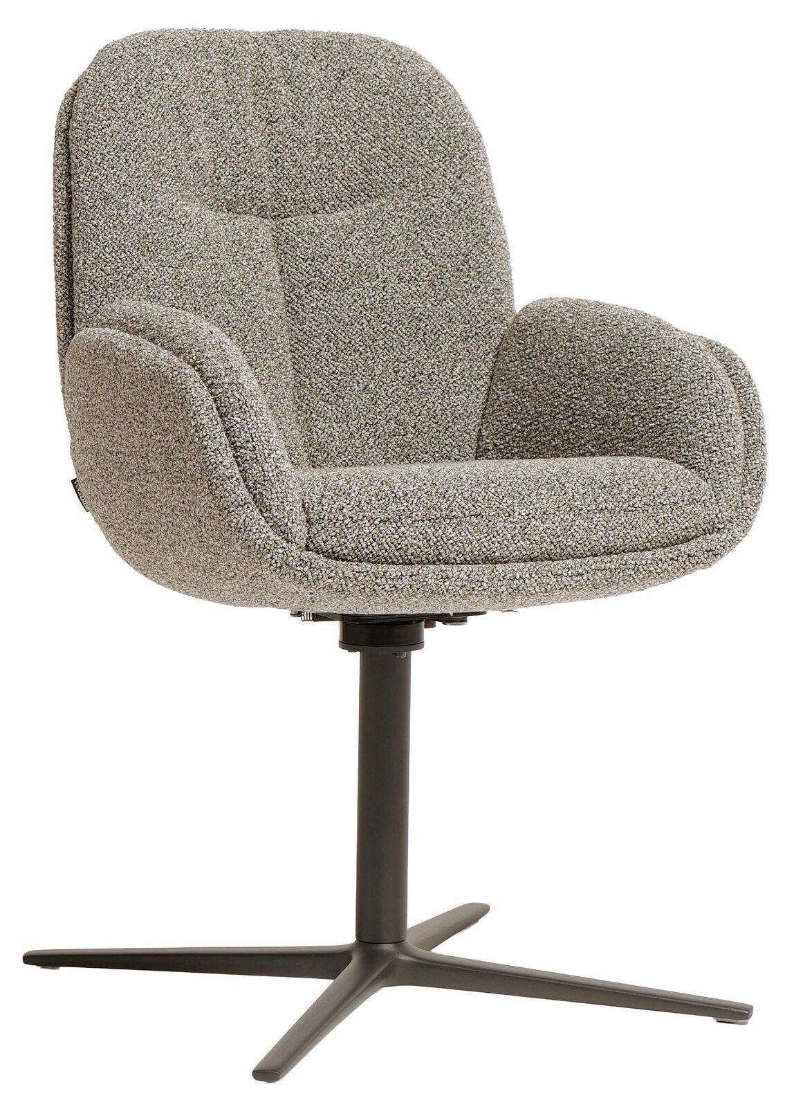 Venjakob Armlehnstuhl ENID Grauer Armlehnstuhl mit gepolstertem Sitz und Rückenlehne, auf einem schwarzen Drehfuß, seitliche Perspektive