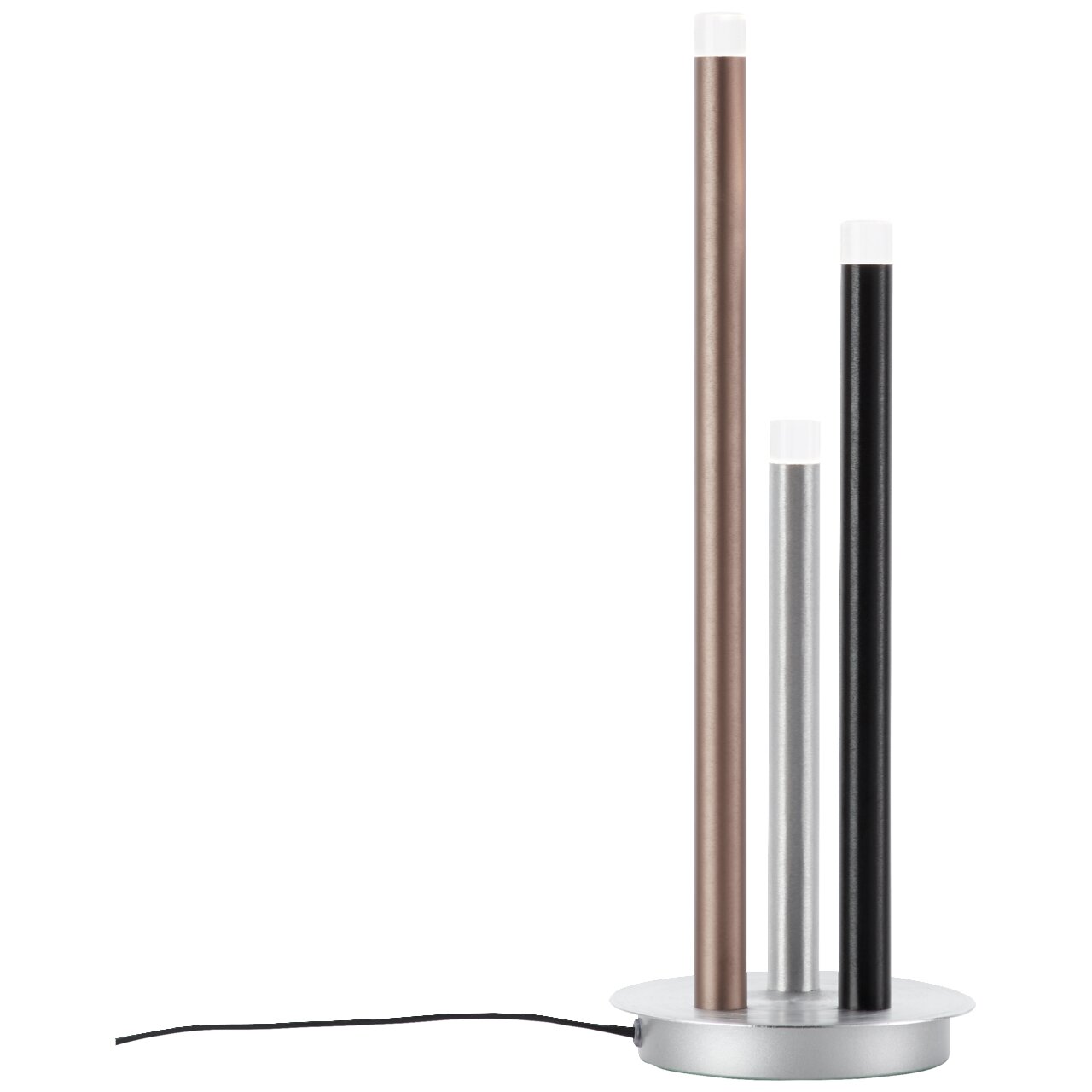 Dreifarbige LED-Stehleuchte mit drei unterschiedlich hohen Stäben in Bronze, Silber und Schwarz, seitliche Perspektive
