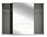 Schwebetürenschrank mit offenem Design, zwei seitlichen Fächern und einer mittleren Spiegeltür, Frontalansicht