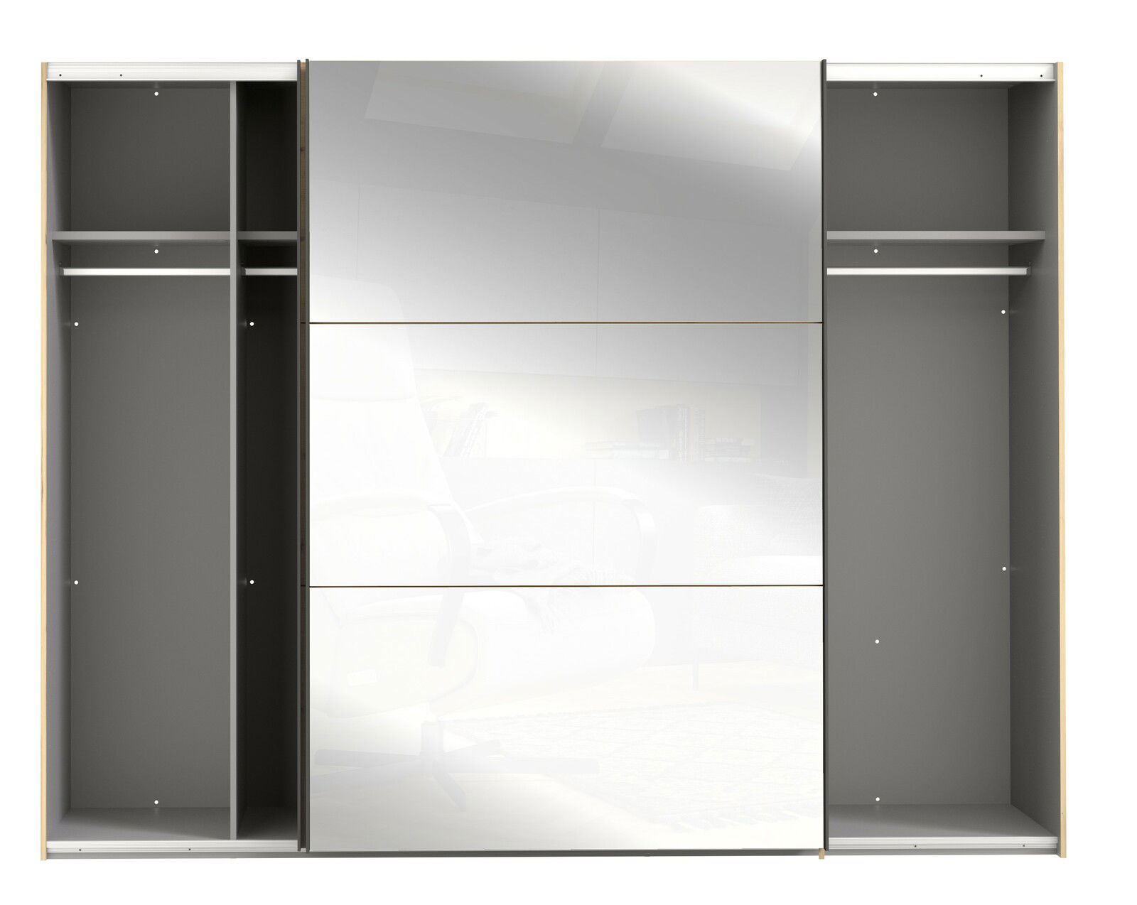 Schwebetürenschrank mit offenem Design, zwei seitlichen Fächern und einer mittleren Spiegeltür, Frontalansicht