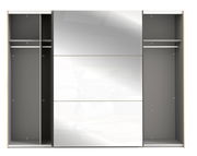 Schwebetürenschrank mit offenem Design, zwei seitlichen Fächern und einer mittleren Spiegeltür, Frontalansicht