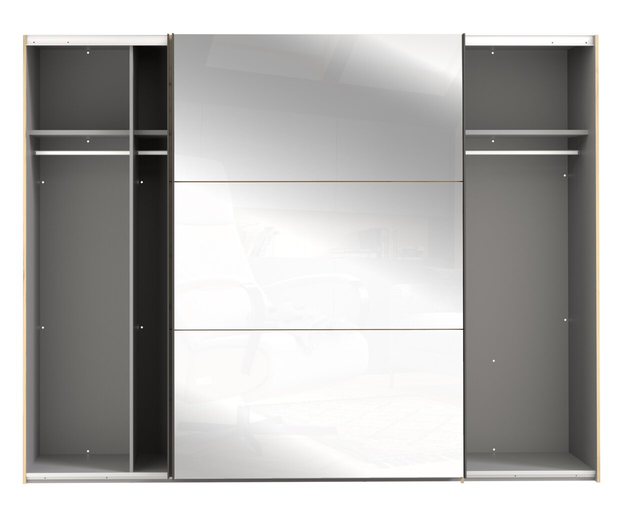 Schwebetürenschrank mit offenem Design, zwei seitlichen Fächern und einer mittleren Spiegeltür, Frontalansicht