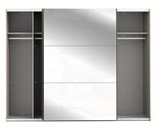 Schwebetürenschrank mit offenem Design, zwei seitlichen Fächern und einer mittleren Spiegeltür, Frontalansicht